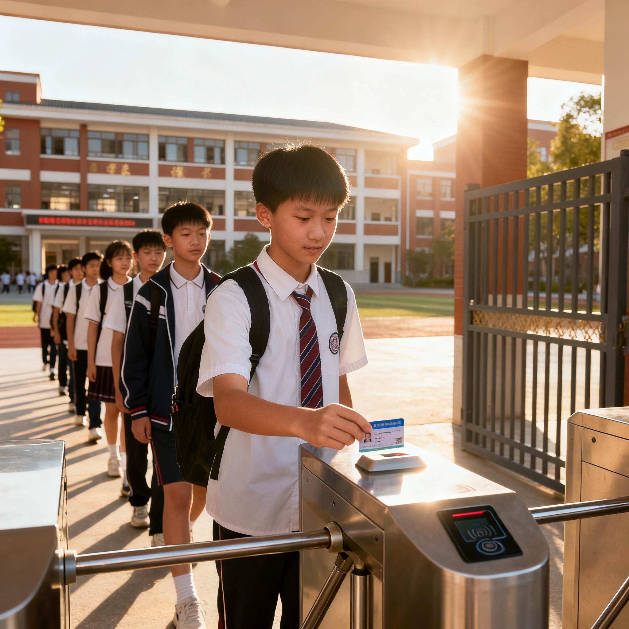 jimeng-2026-10-04-1414-中小学校园，学生排队进入校门，手持校园卡在闸机上刷卡，背景是教学楼，阳光明媚，秩....png