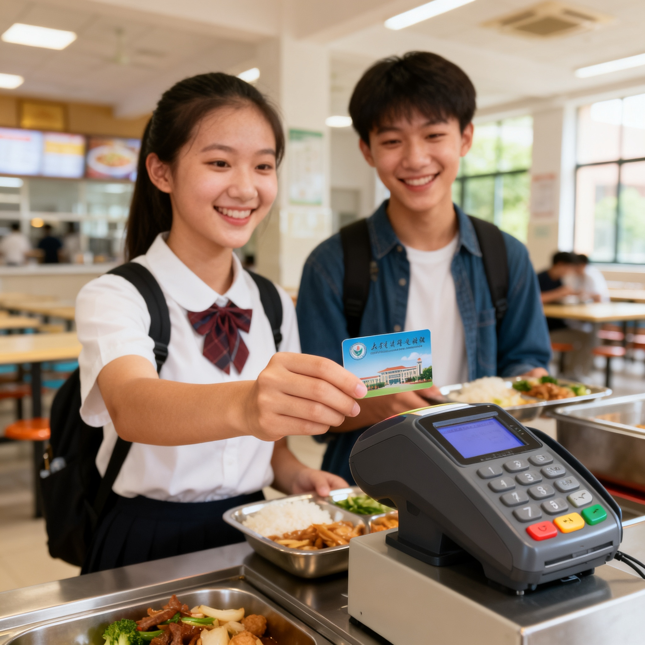 jimeng-2026-10-04-8256-学校食堂，学生用校园卡在消费POS机上刷卡买饭，食堂环境整洁，学生微笑，专业摄影....png