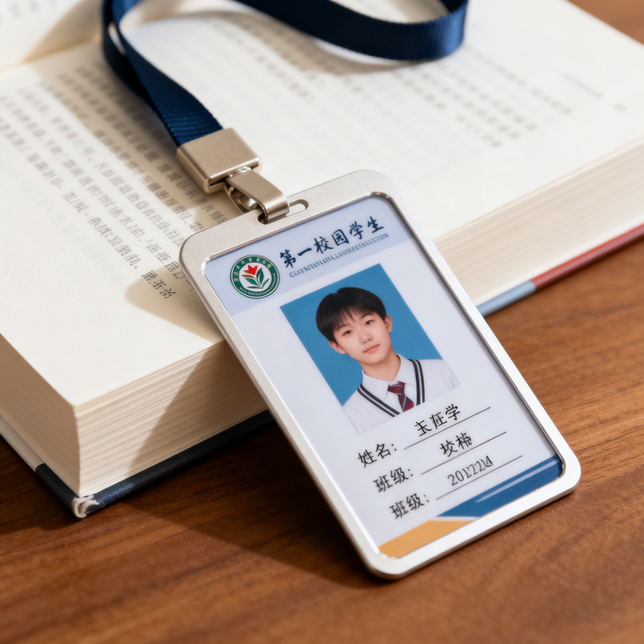 jimeng-2026-10-04-7277-特写展示一张中学生校园卡，卡面有学生照片、姓名、班级、校徽，配有挂绳，放在书本上....png