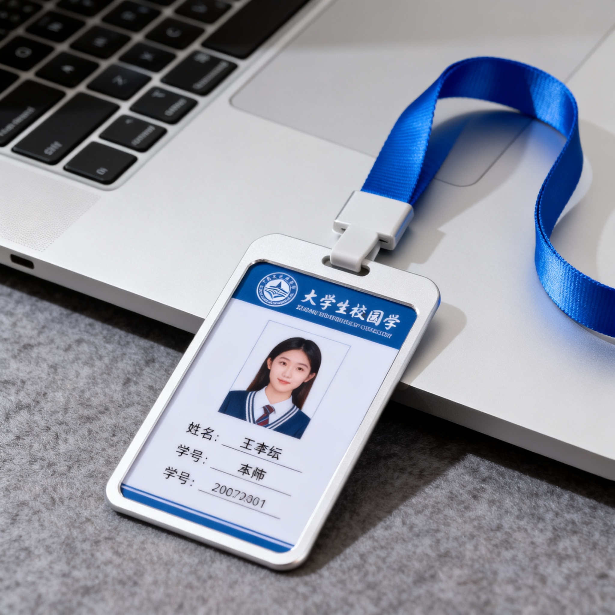 jimeng-2026-10-04-2531-特写展示一张大学生校园卡，卡面有学生照片、姓名、学号、校徽，配有蓝色挂绳，放在笔....png