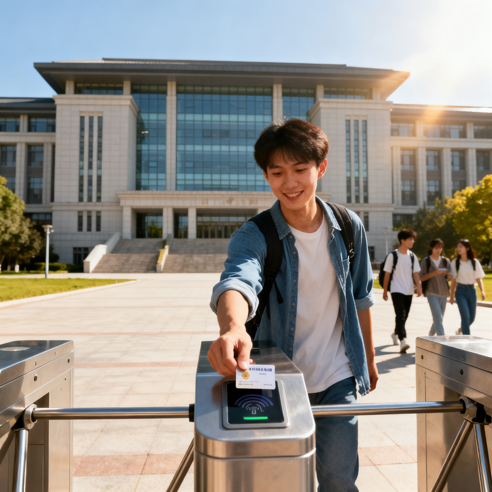 jimeng-2026-10-04-6783-大学校园，学生刷卡进入图书馆闸机，背景是宏伟的图书馆建筑，阳光明媚，青春活力，专....png