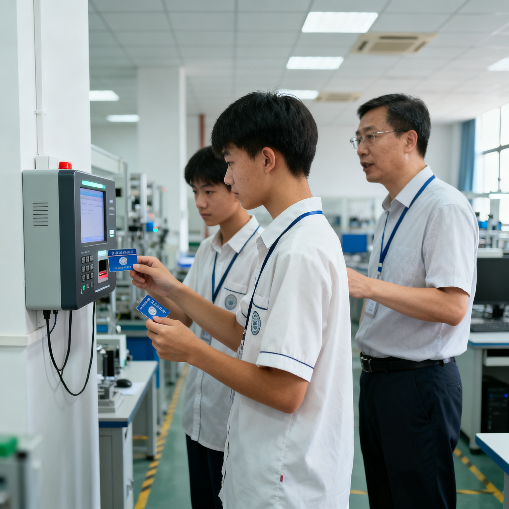 jimeng-2026-10-04-2694-实训室内，学生用校园卡在考勤机上签到，老师在一旁指导，环境整洁，专业摄影，高清，....png