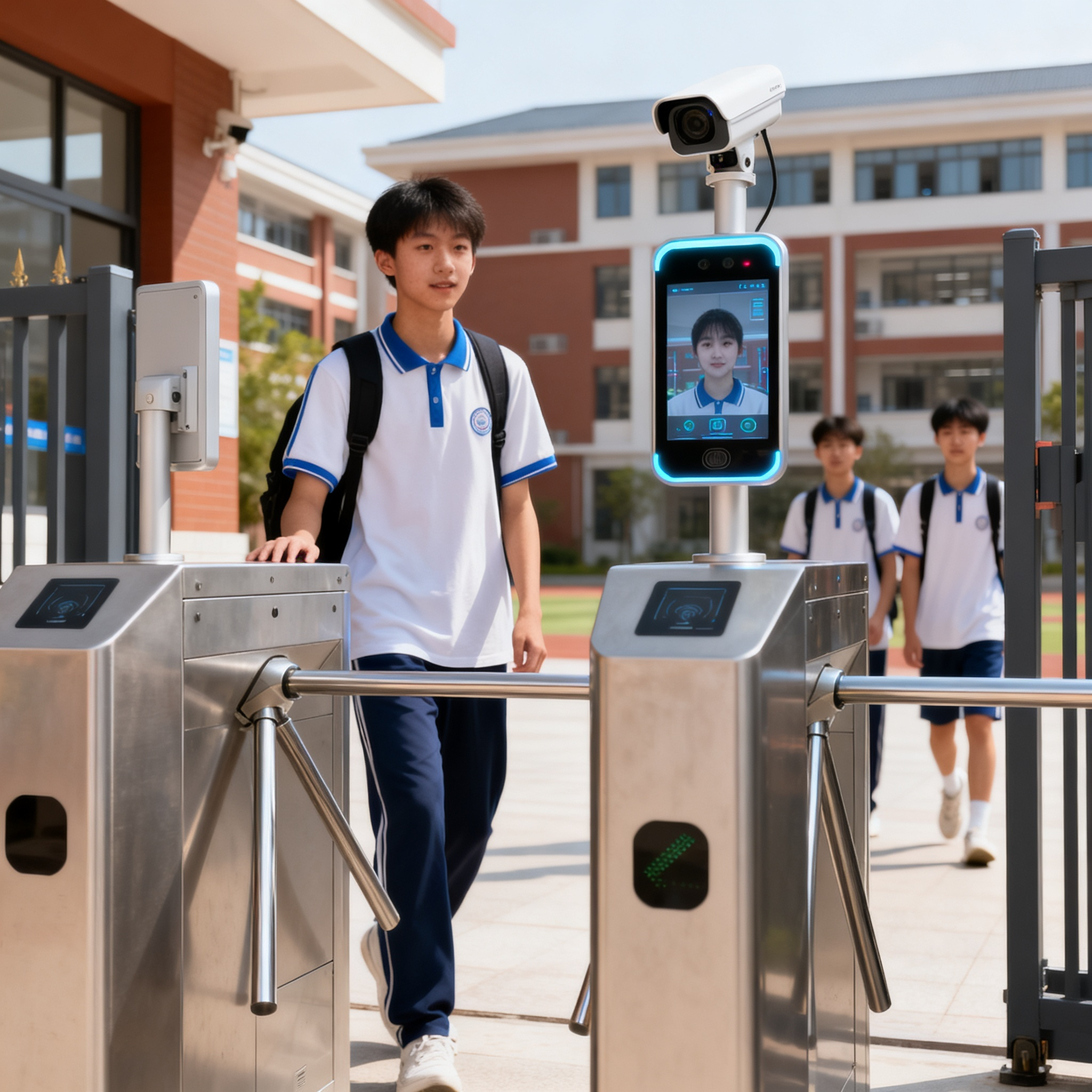 jimeng-2026-10-05-9850-学校校门口，学生通过人脸识别闸机进入校园，闸机上方有摄像头，背景是校园建筑，科技....png