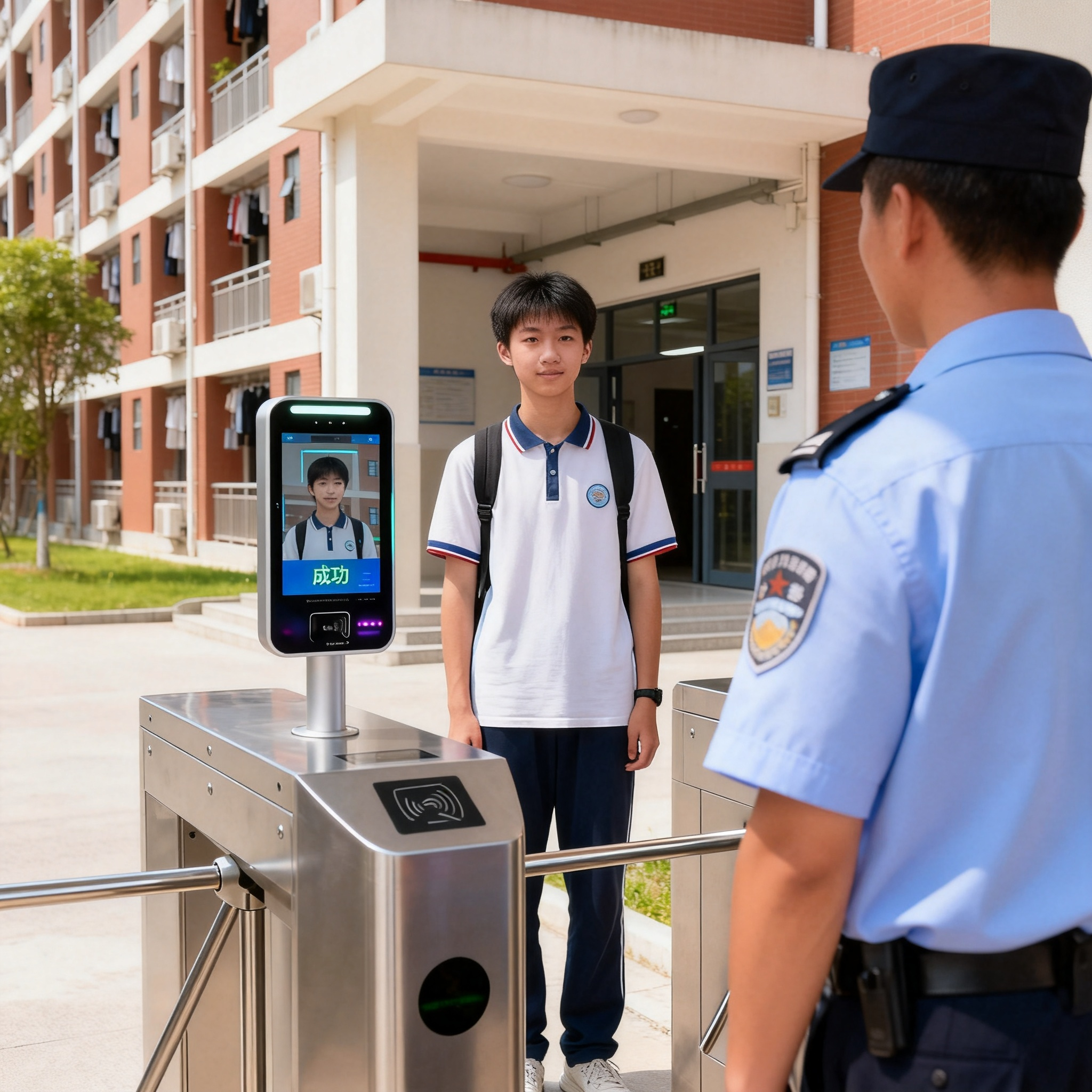 jimeng-2026-10-05-1965-学生站在人脸识别门禁一体机前，屏幕显示识别成功，闸机打开，旁边有保安，背景是宿舍....png
