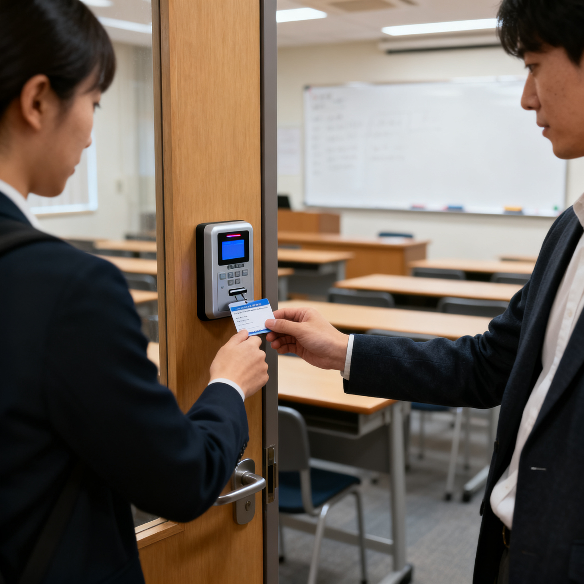 jimeng-2026-10-05-6495-培训教室门口，学员用学员卡在考勤机上刷卡签到，教室内部可见，专业摄影，高清，8K....png
