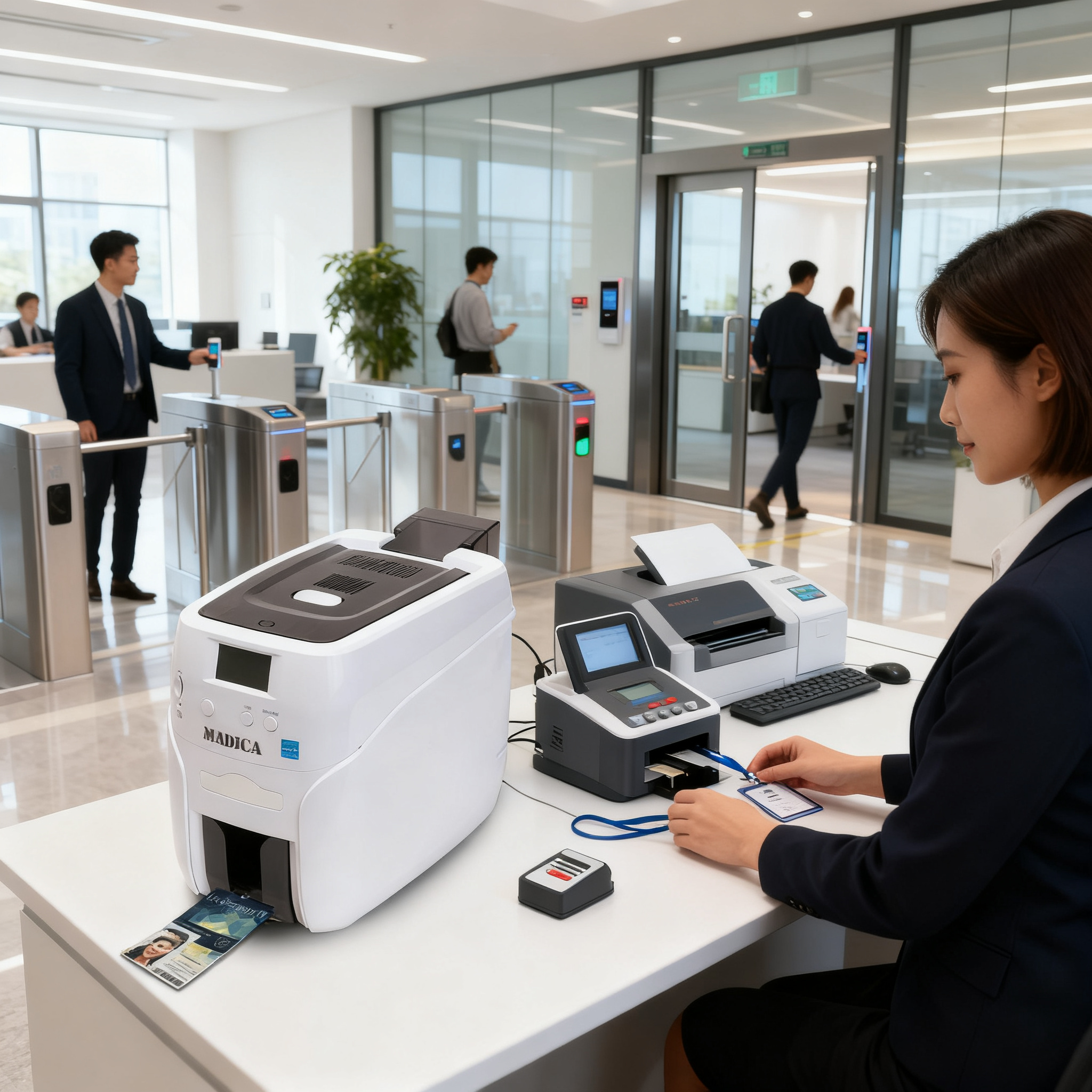 jimeng-2026-10-05-5596-企业办公区，员工刷卡通过门禁闸机进入办公区，旁边可见证卡打印机和发卡器组成的制卡....png