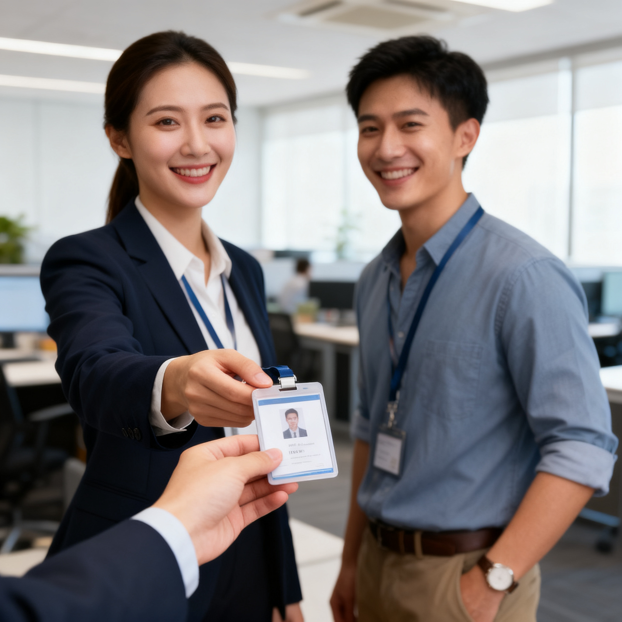jimeng-2026-10-05-2133-新员工入职场景，HR将刚打印好的工牌递给员工，员工微笑接过，背景是办公区，专业摄....png